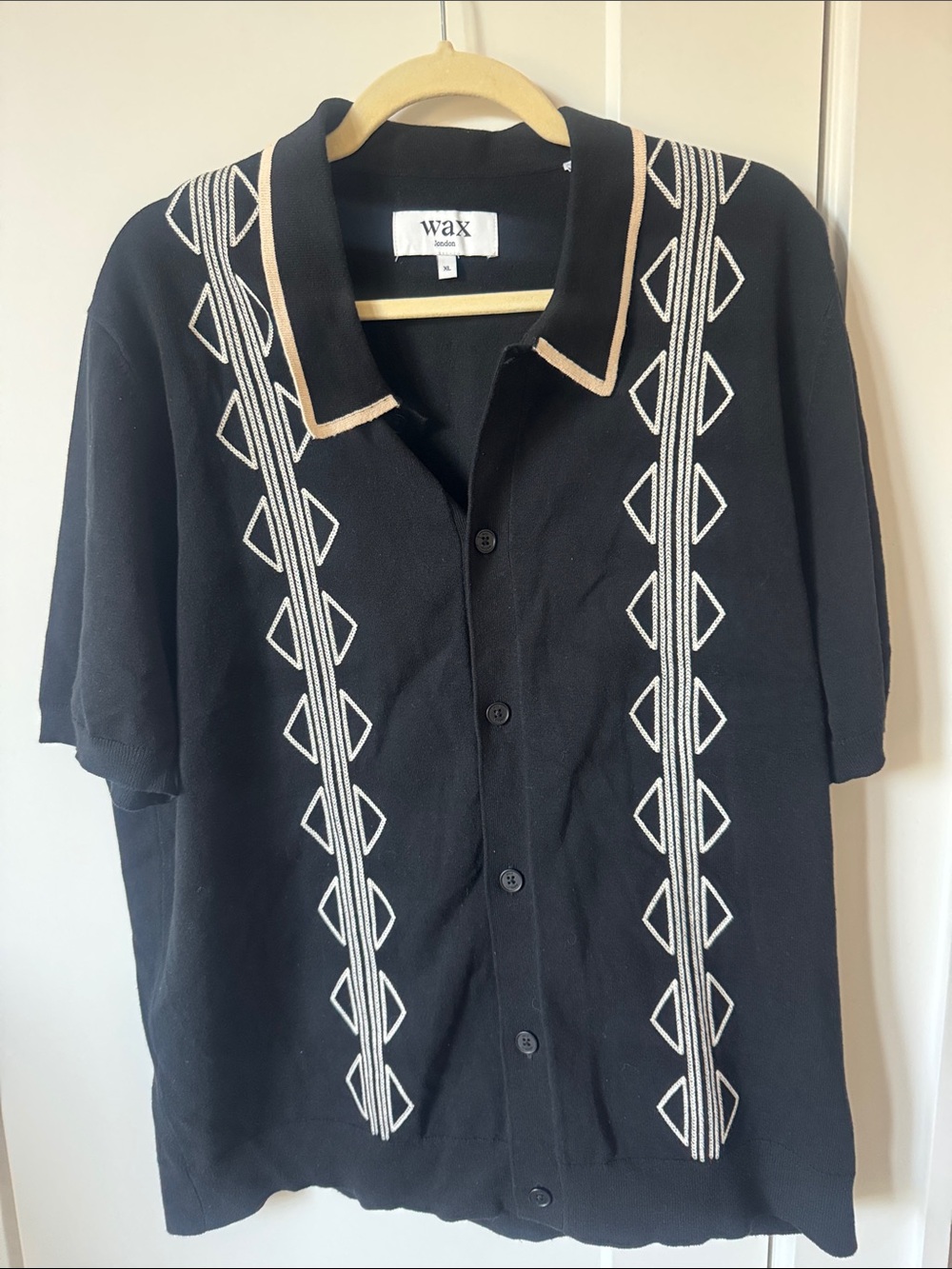 Wax London Black Short-Sleeve Cardigan with Cream Trim and Geometric Embroidery